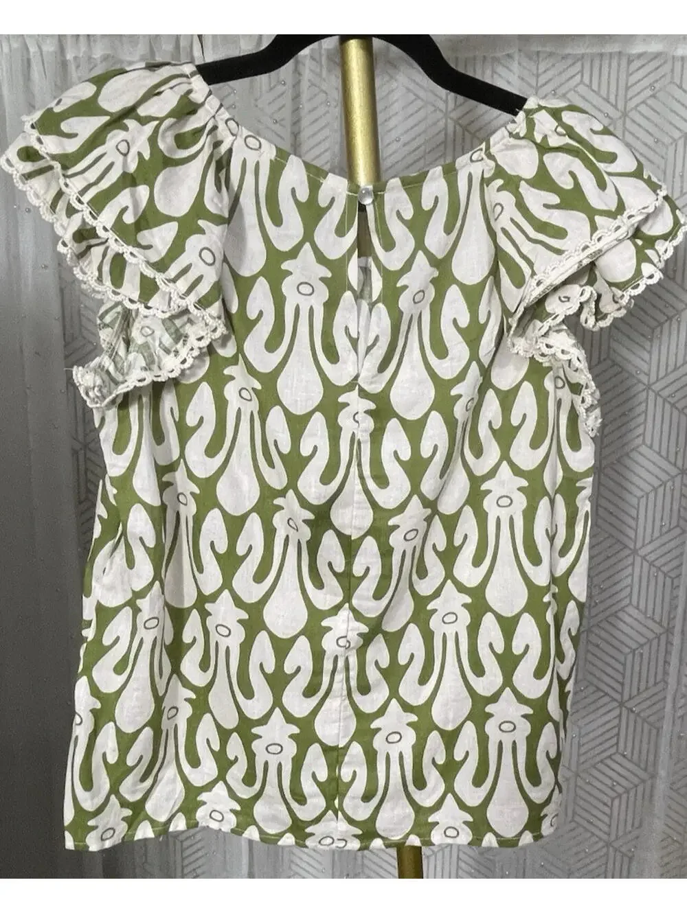Christian Siriano Linen Blend Top Women’s Green White Geometric Print Ruffle S - Picture 2 of 5